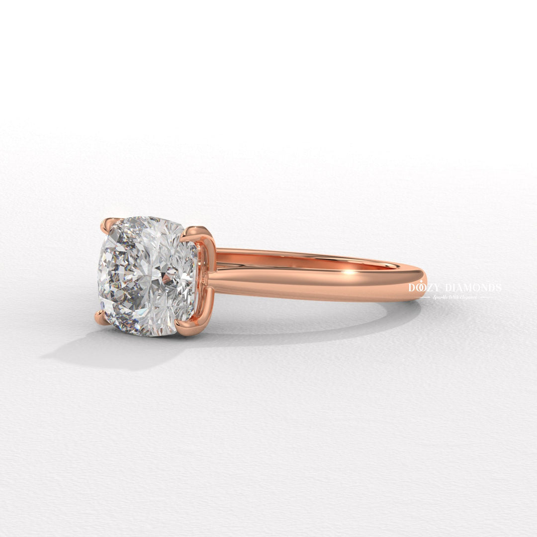 Angled view of cushion cut diamond in solitaire setting