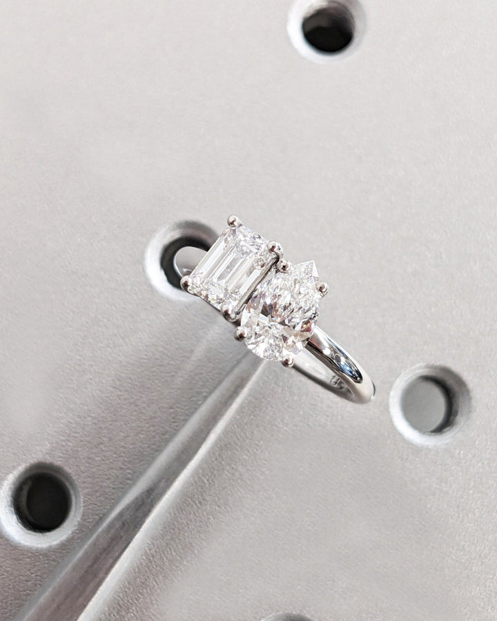 Detailed close-up of pear solitaire diamond engagement ring