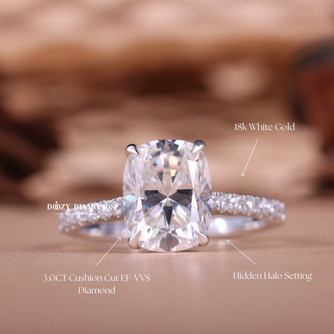 Cushion hidden halo engagement ring with IGI certificate and packaging