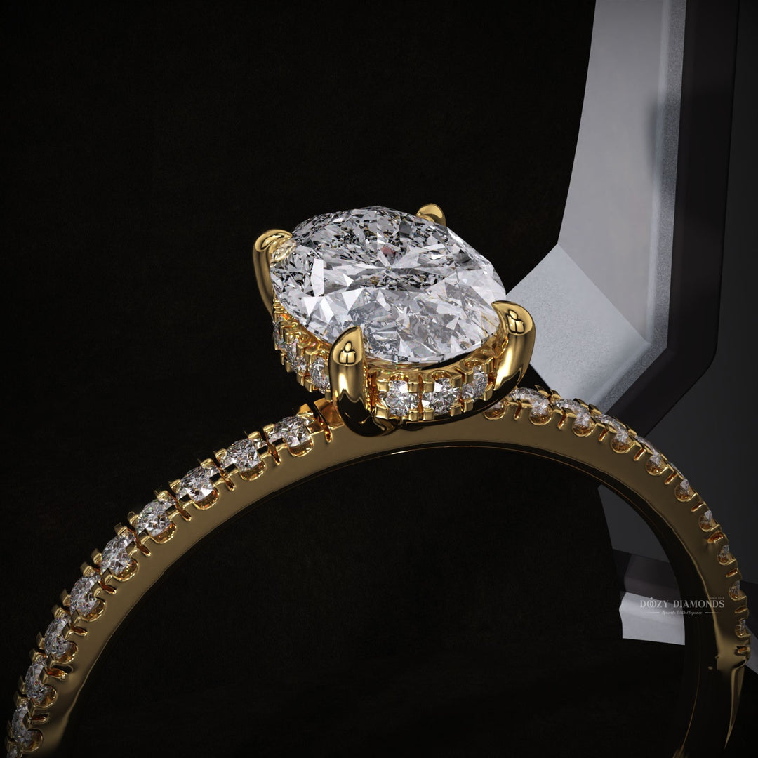 Oval hidden halo lab grown diamond ring side profile in gold setting