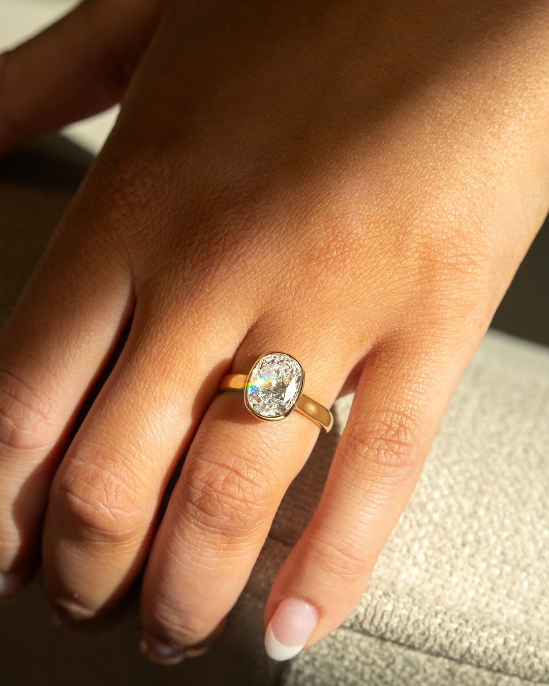 Cushion bezel lab grown diamond ring in jewelry gift box