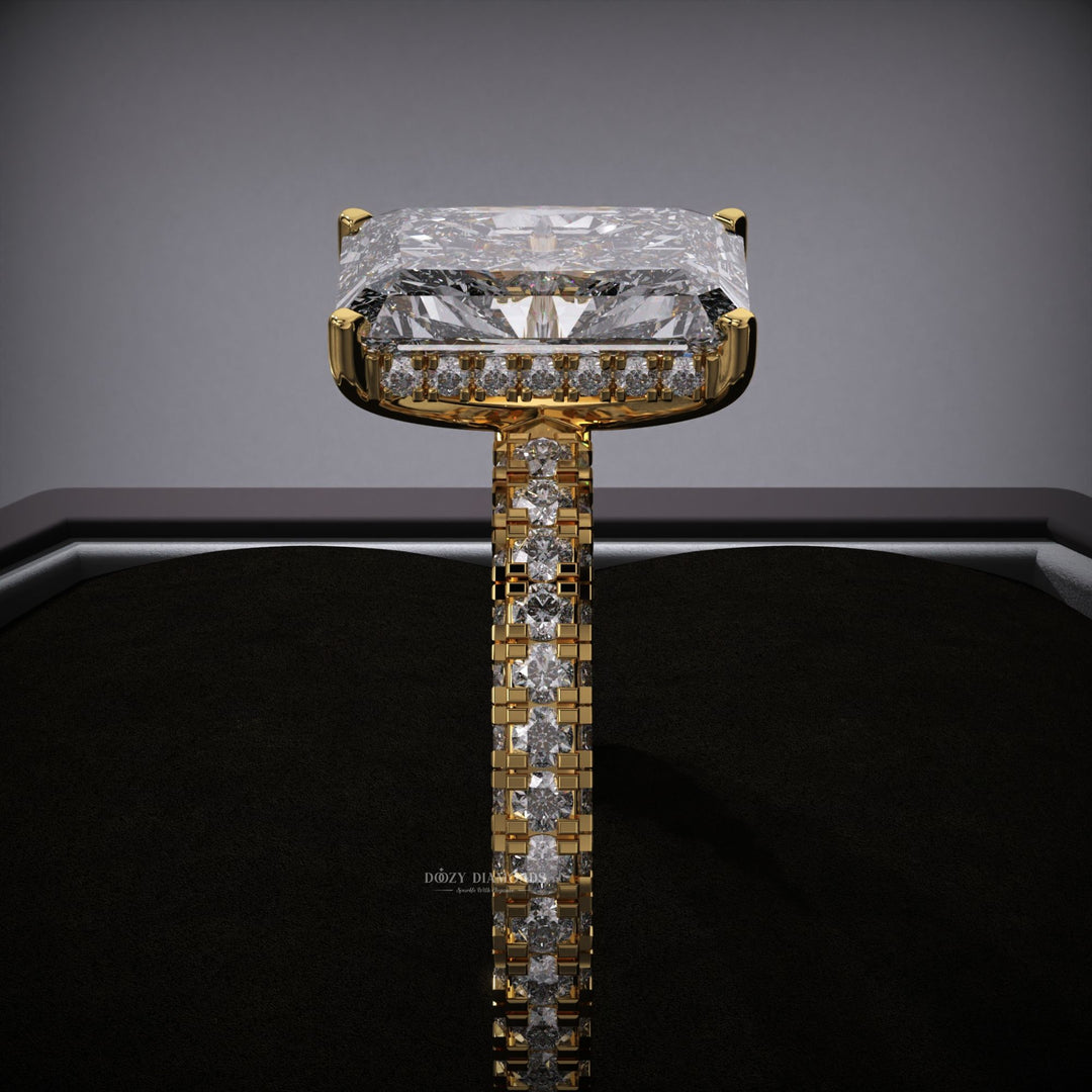 Radiant pave lab grown diamond ring fitted on finger