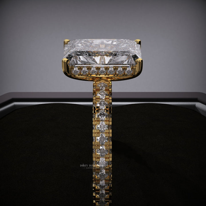 Radiant pave lab grown diamond ring fitted on finger