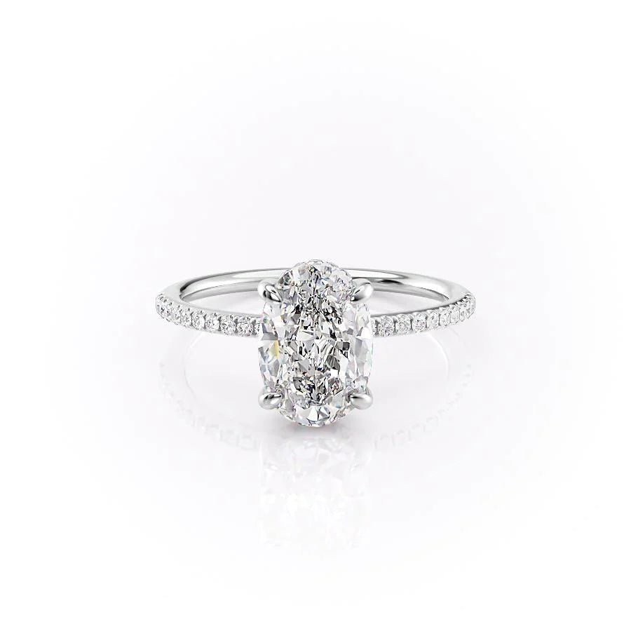 Macro shot of oval cut diamond facets in hidden halo ring setting