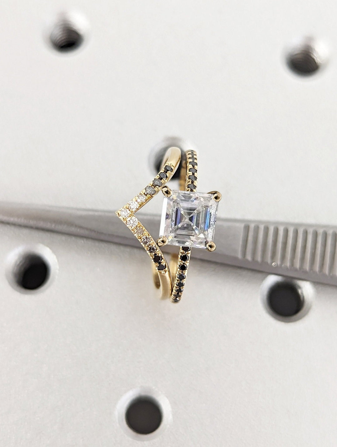 Asscher pave engagement ring shown on hand for true-to-life sizing