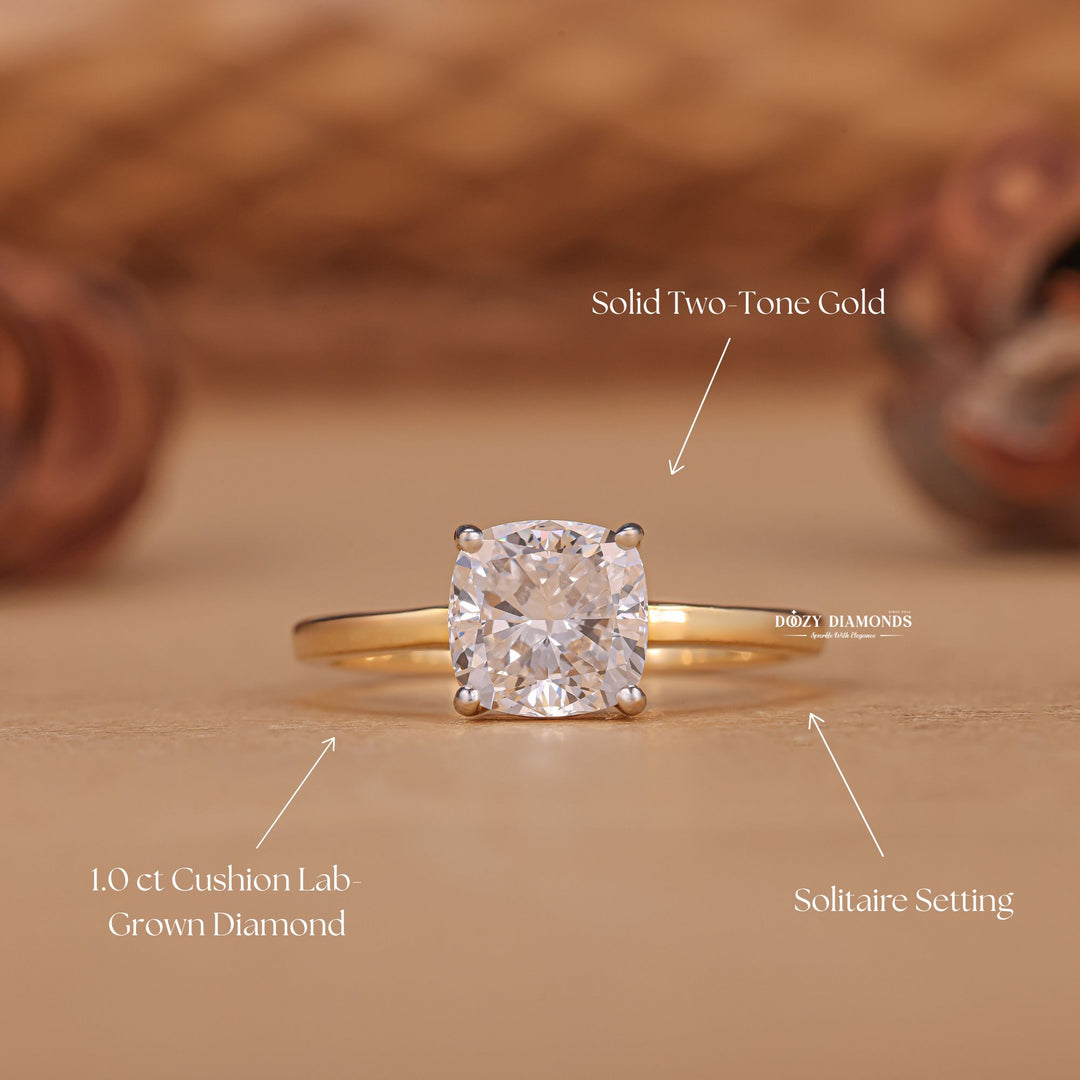 Cushion solitaire engagement ring with IGI certificate and packaging