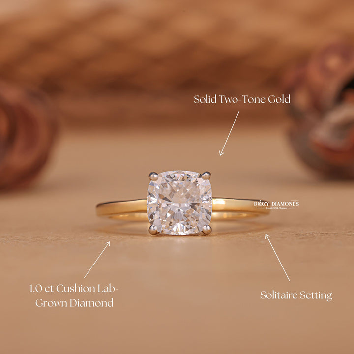 Cushion solitaire engagement ring with IGI certificate and packaging