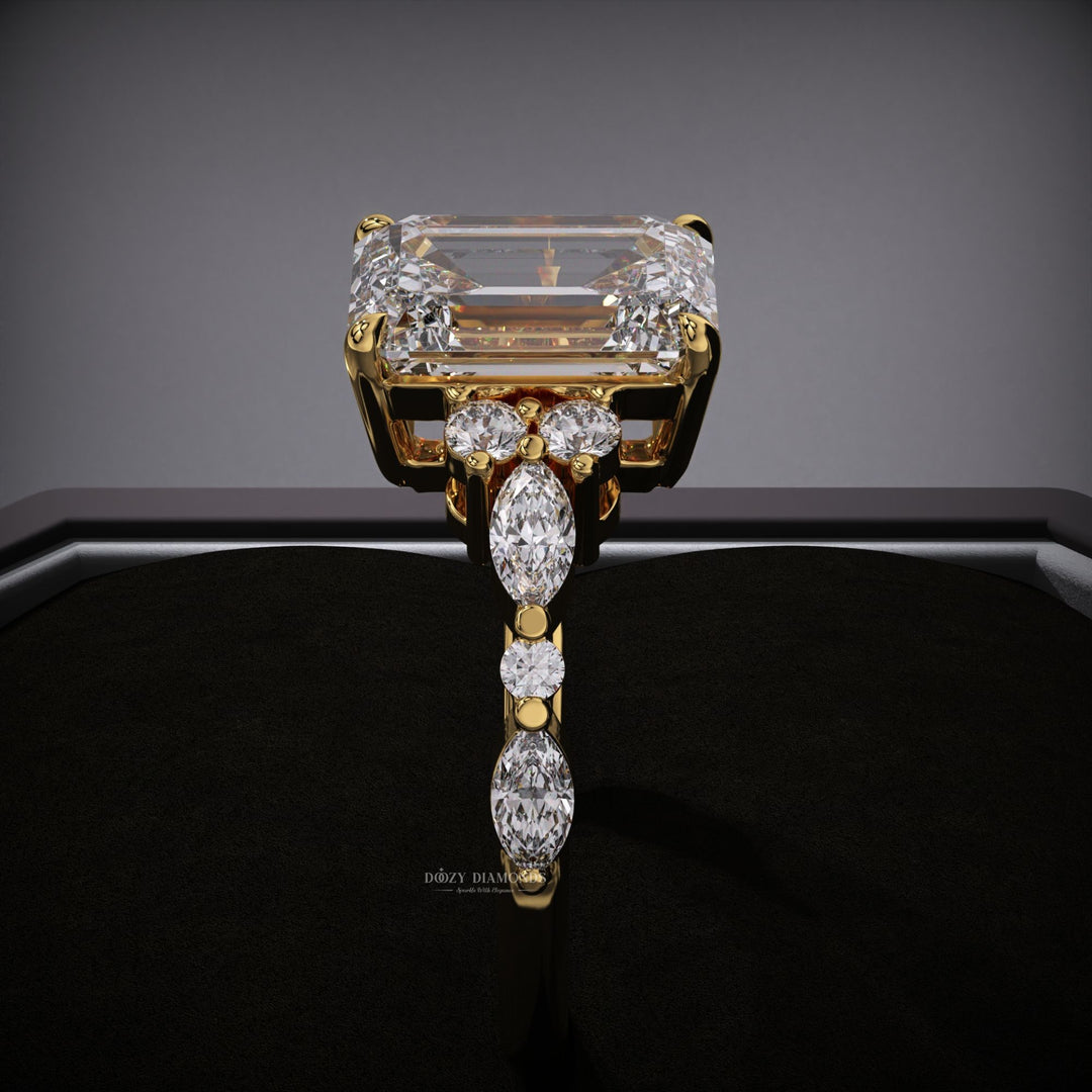 Lifestyle shot of emerald pave diamond ring on hand