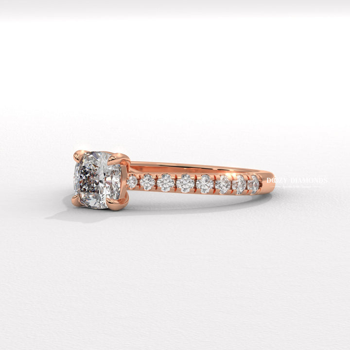 Profile view of cushion cut solitaire engagement ring band
