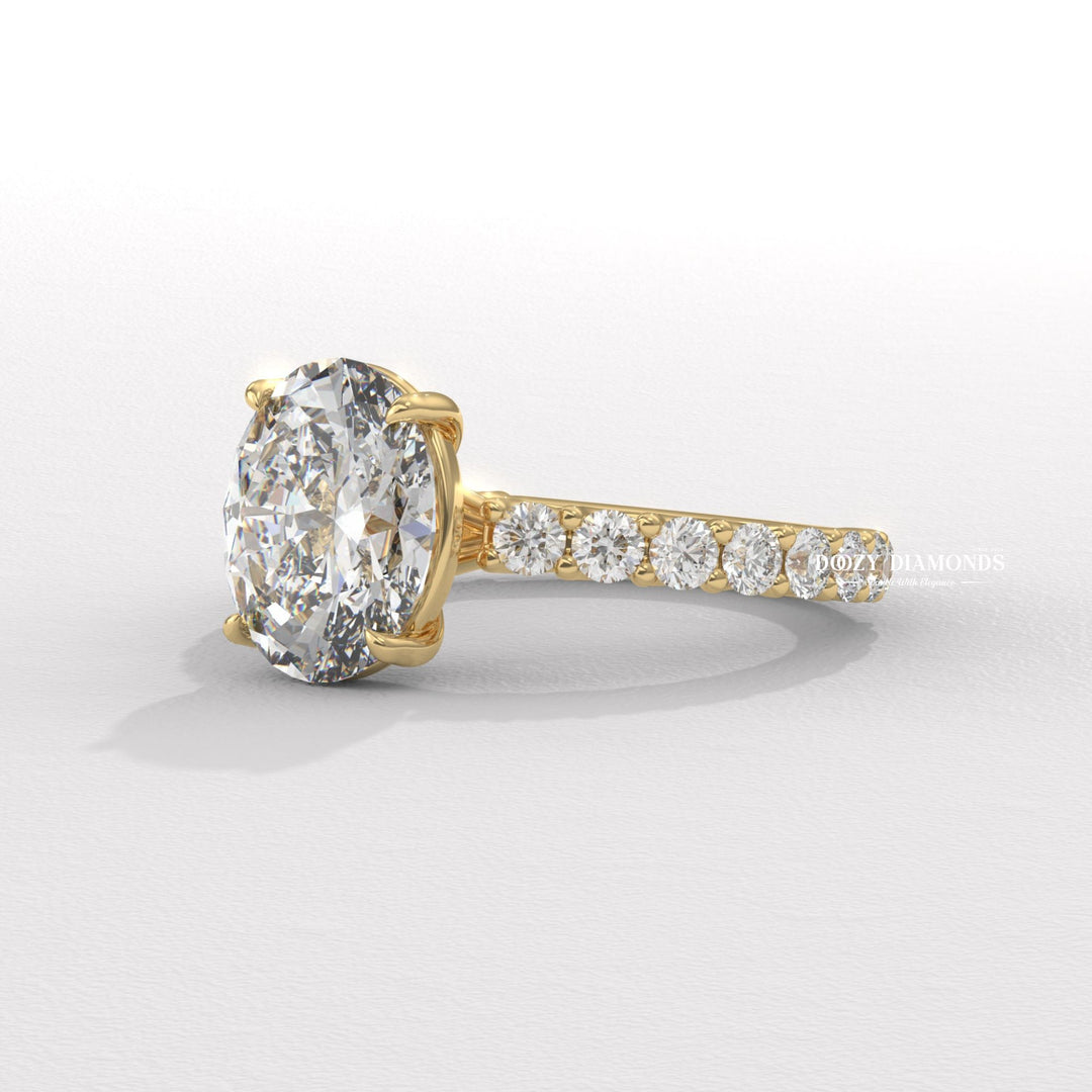 Oval pave engagement ring close-up highlighting diamond sparkle