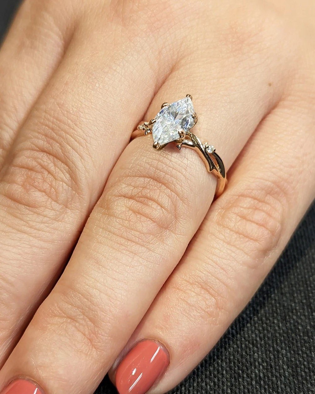 Marquise solitaire engagement ring with certified lab grown diamond