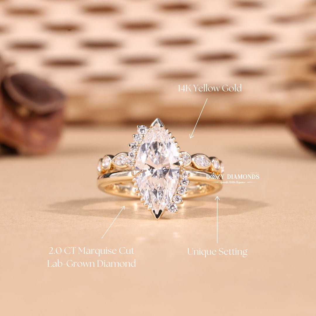 2.50CT Marquise Cut EF - VS2 Lab Grown Vintage Wedding Ring with Bezel Set Band - Doozy Diamonds