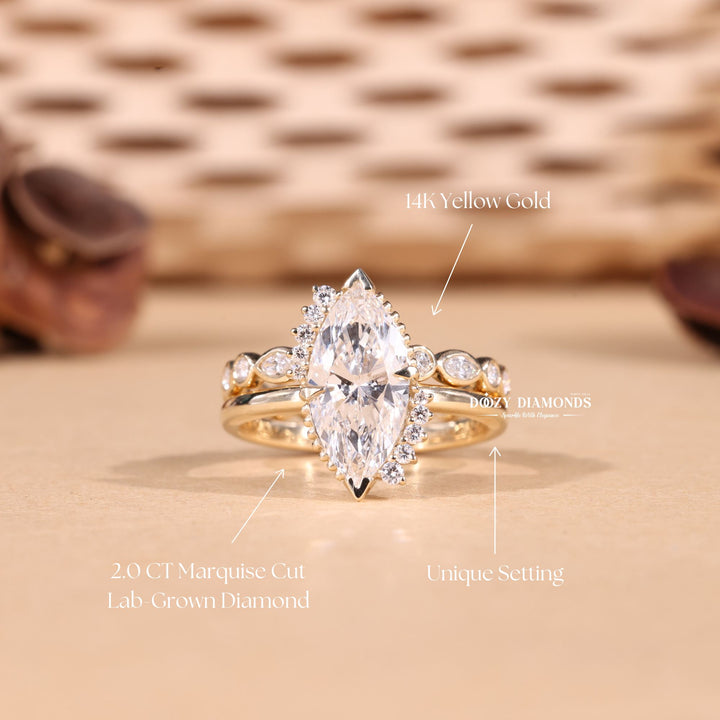 2.50CT Marquise Cut EF - VS2 Lab Grown Vintage Wedding Ring with Bezel Set Band - Doozy Diamonds