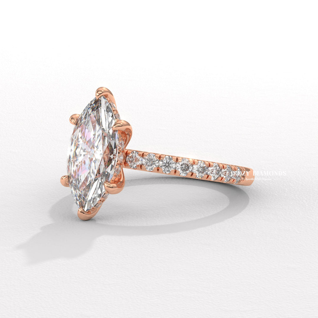 Top-down view of marquise cut pave engagement ring