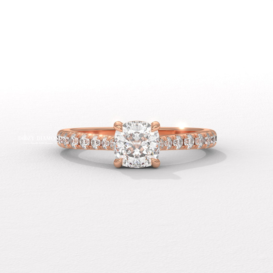 Cushion solitaire lab grown diamond ring side profile in gold setting