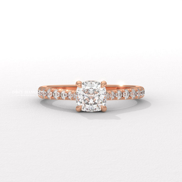 Cushion solitaire lab grown diamond ring side profile in gold setting