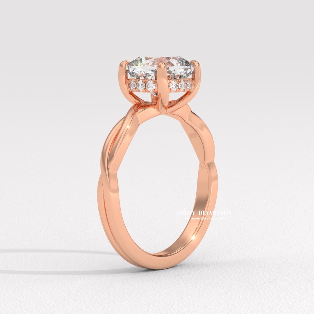 Side angle of cushion solitaire diamond engagement ring
