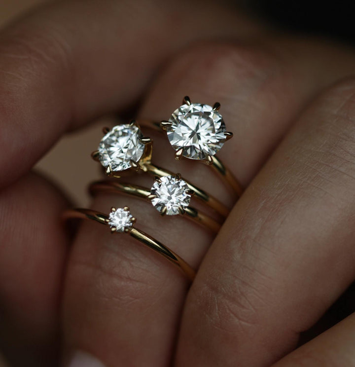 Round solitaire engagement ring close-up showing E/VS2 diamond clarity