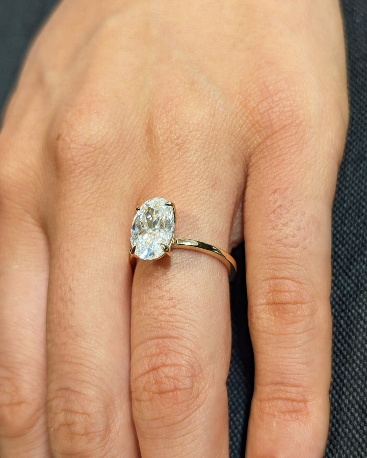 Oval solitaire lab grown diamond ring fitted on finger
