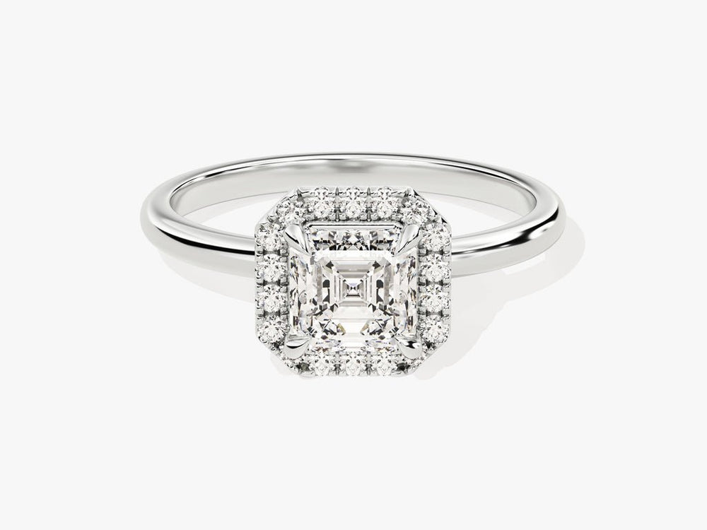 Asscher halo diamond ring presented in signature gift packaging
