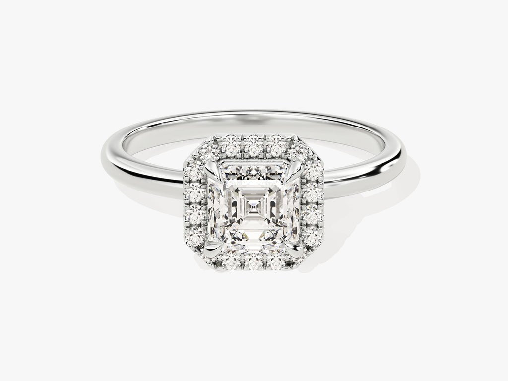 Asscher halo diamond ring presented in signature gift packaging