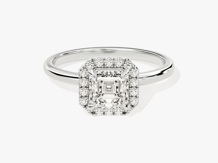 Asscher halo diamond ring presented in signature gift packaging