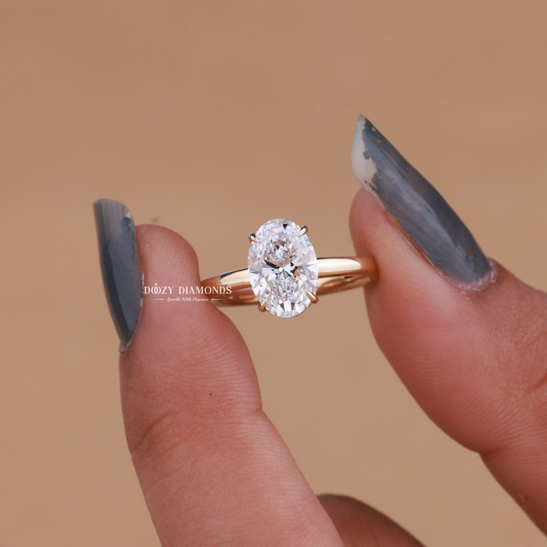 Oval hidden halo engagement ring with IGI certificate and packaging