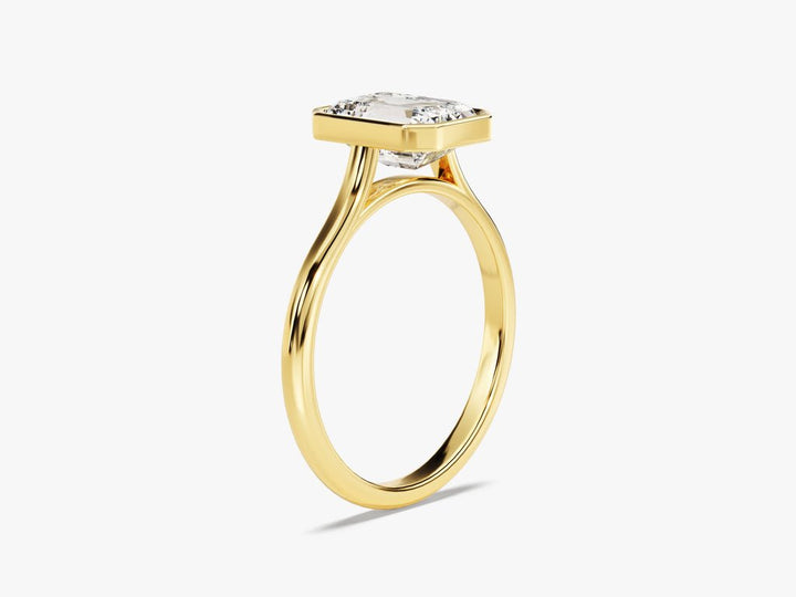 Emerald bezel lab grown diamond ring side profile in gold setting