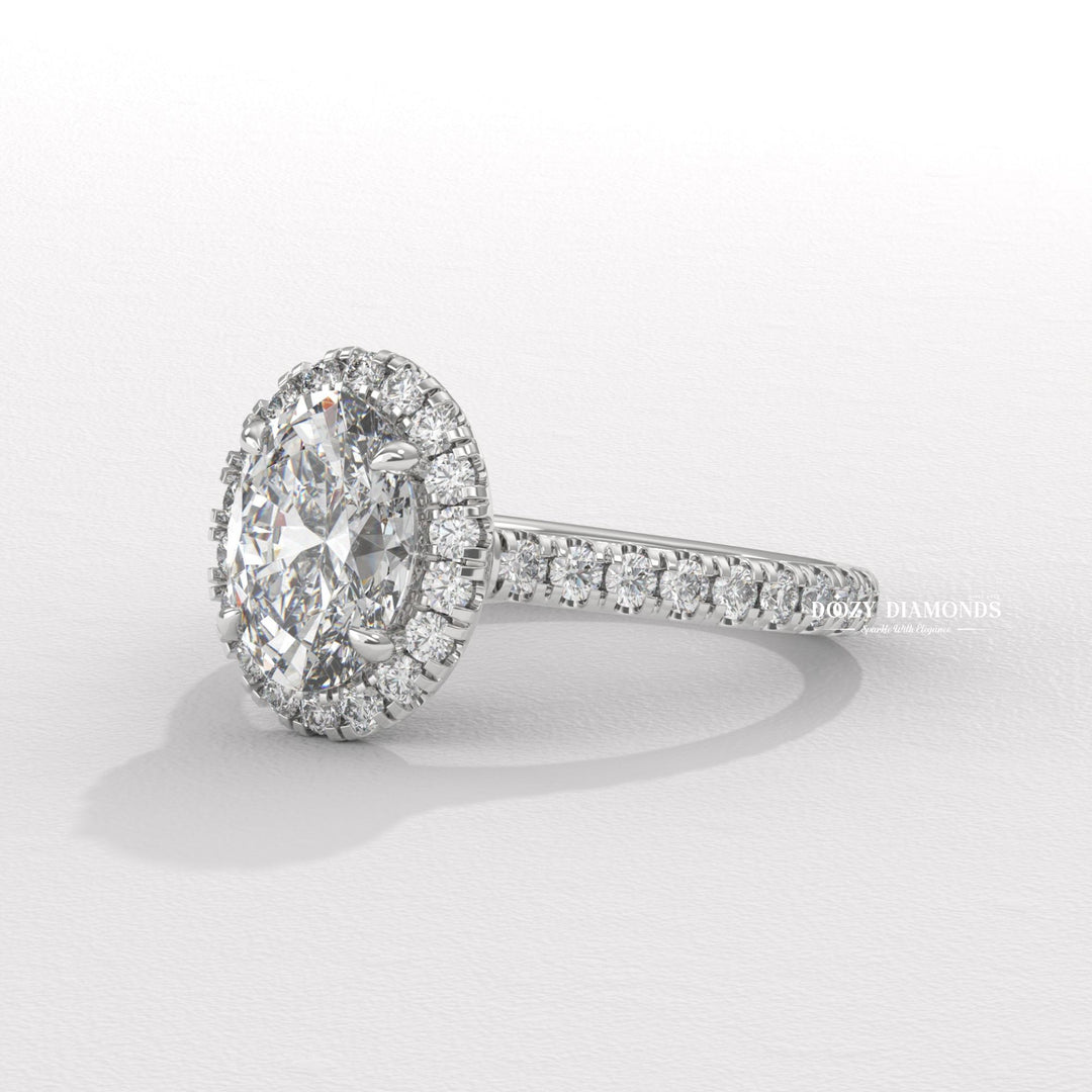 Oval halo engagement ring with certified lab grown diamond