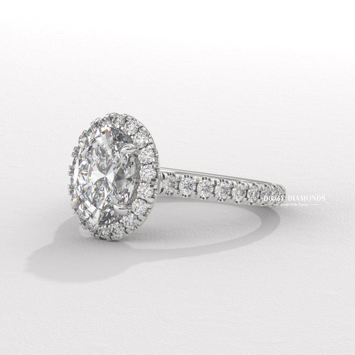 Oval halo engagement ring with certified lab grown diamond