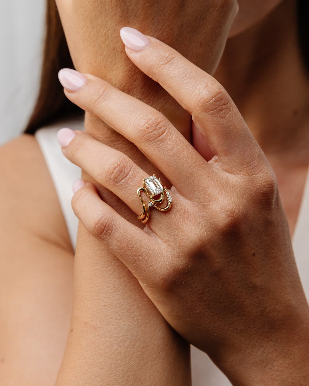 fine jewelry engagement ring, sophisticated ring setting, statement engagement ring, artistic engagement ring, signature engagement ring, modern bridal ring, unique bridal ring, luxury wedding ring, designer