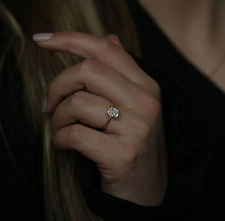 Top-down view of radiant cut solitaire engagement ring