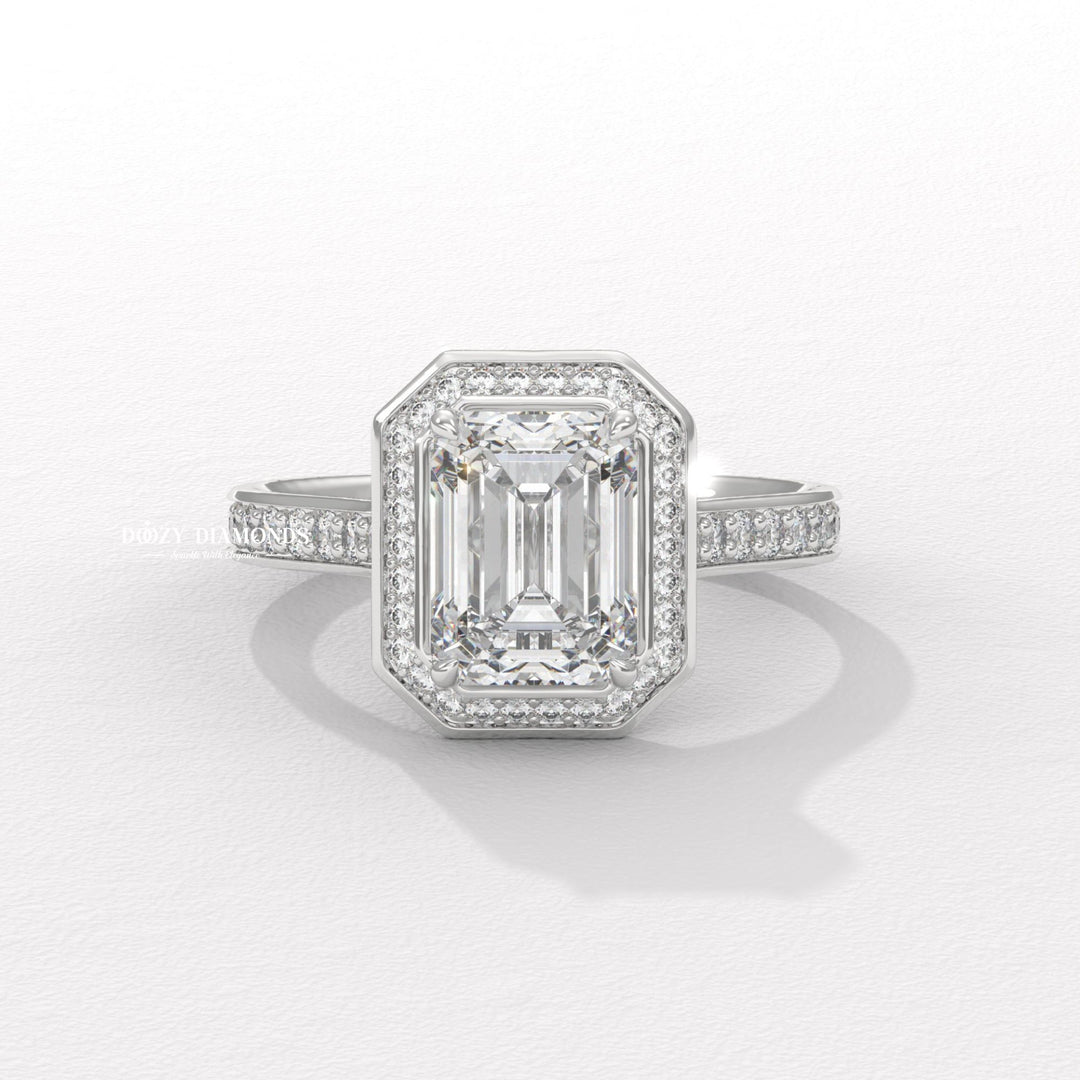 Emerald cut engagement ring side view showing band detail