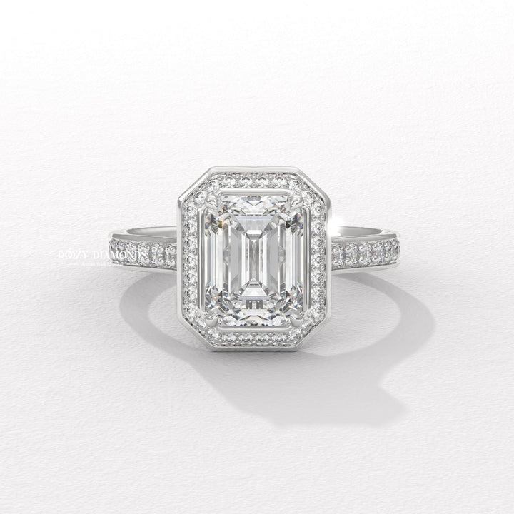 Emerald cut engagement ring side view showing band detail