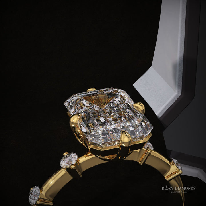 Emerald cut engagement ring side view showing band detail