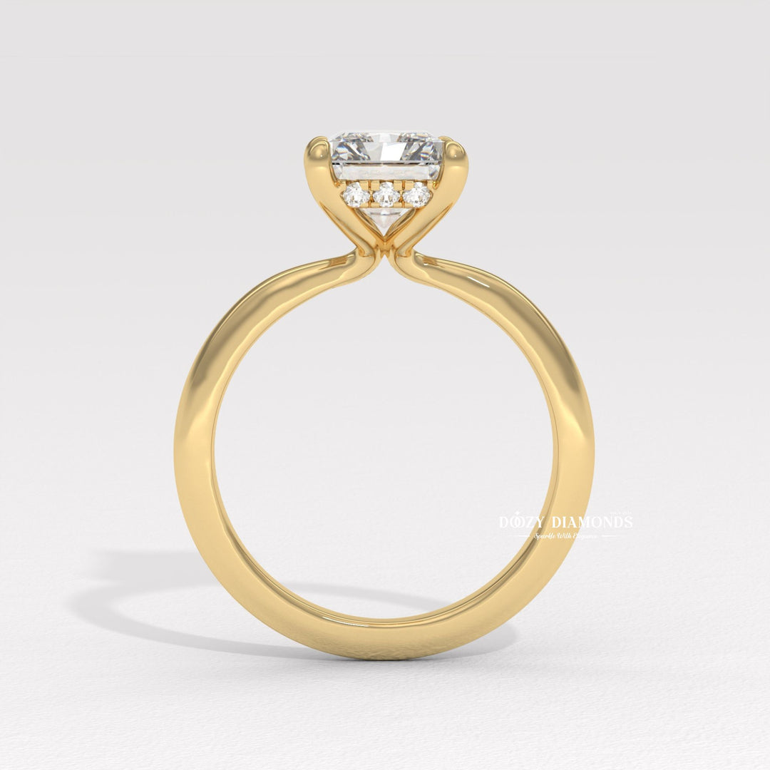 Detailed close-up of radiant hidden halo diamond engagement ring