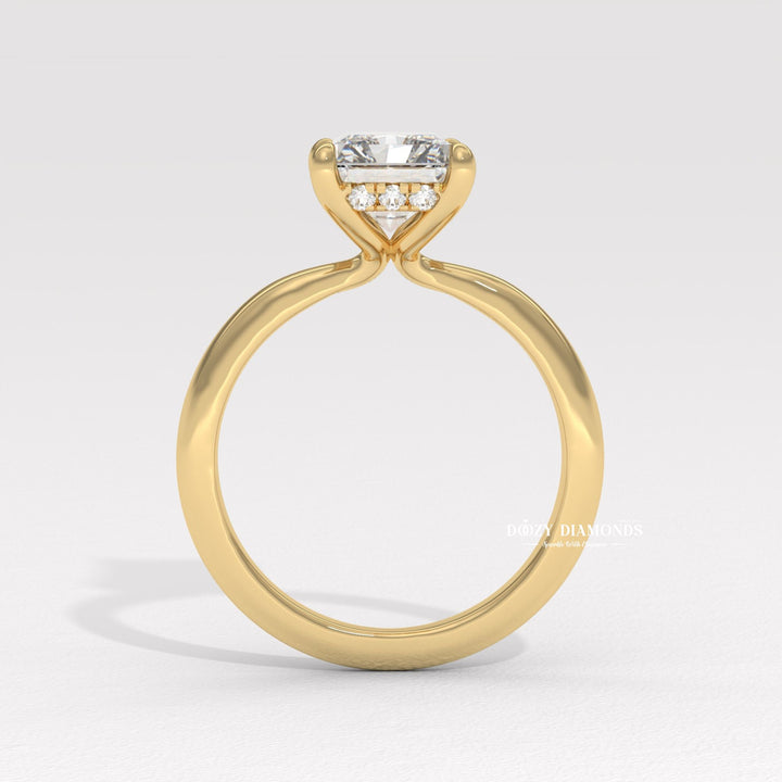 Detailed close-up of radiant hidden halo diamond engagement ring