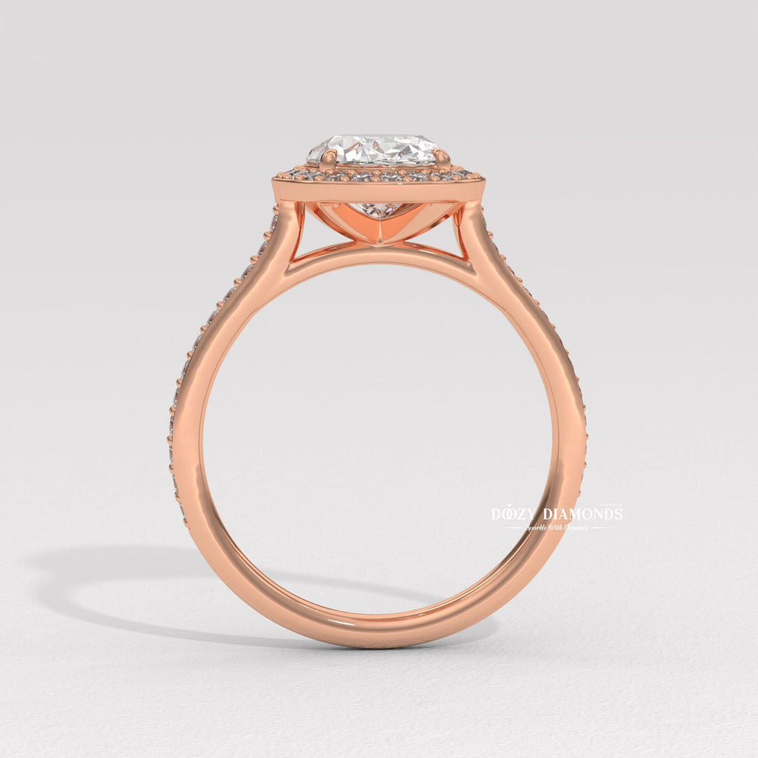 Oval halo engagement ring with certified lab grown diamond