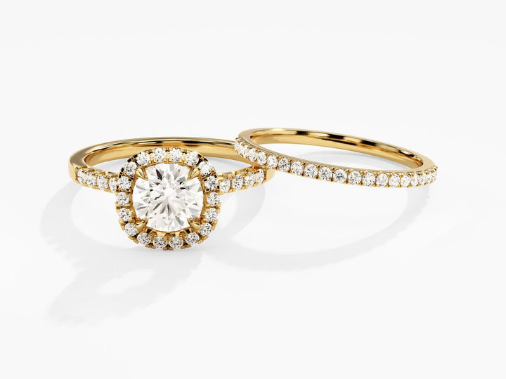 1.0CT Round Cut Cushion Shape Halo F - VS Lab Grown Diamond Engagement Ring Set - Doozy Diamonds