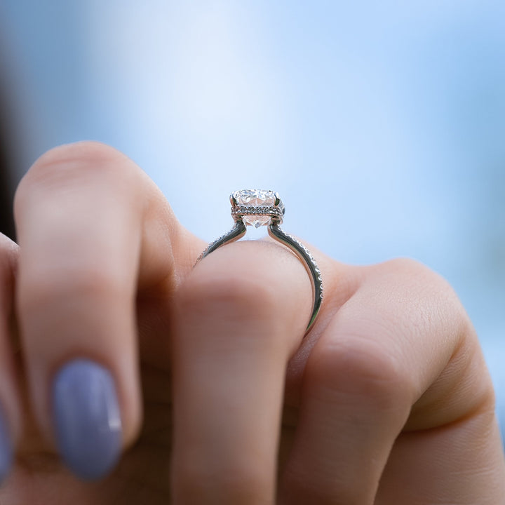 Shop radiant cut hidden halo lab grown diamond engagement ring online