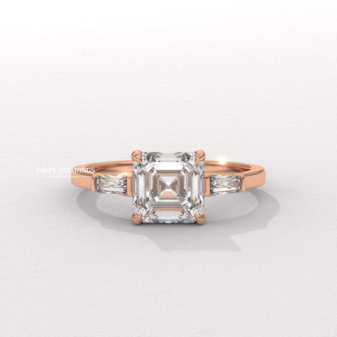 Asscher three stone engagement ring shown on hand for true-to-life sizing