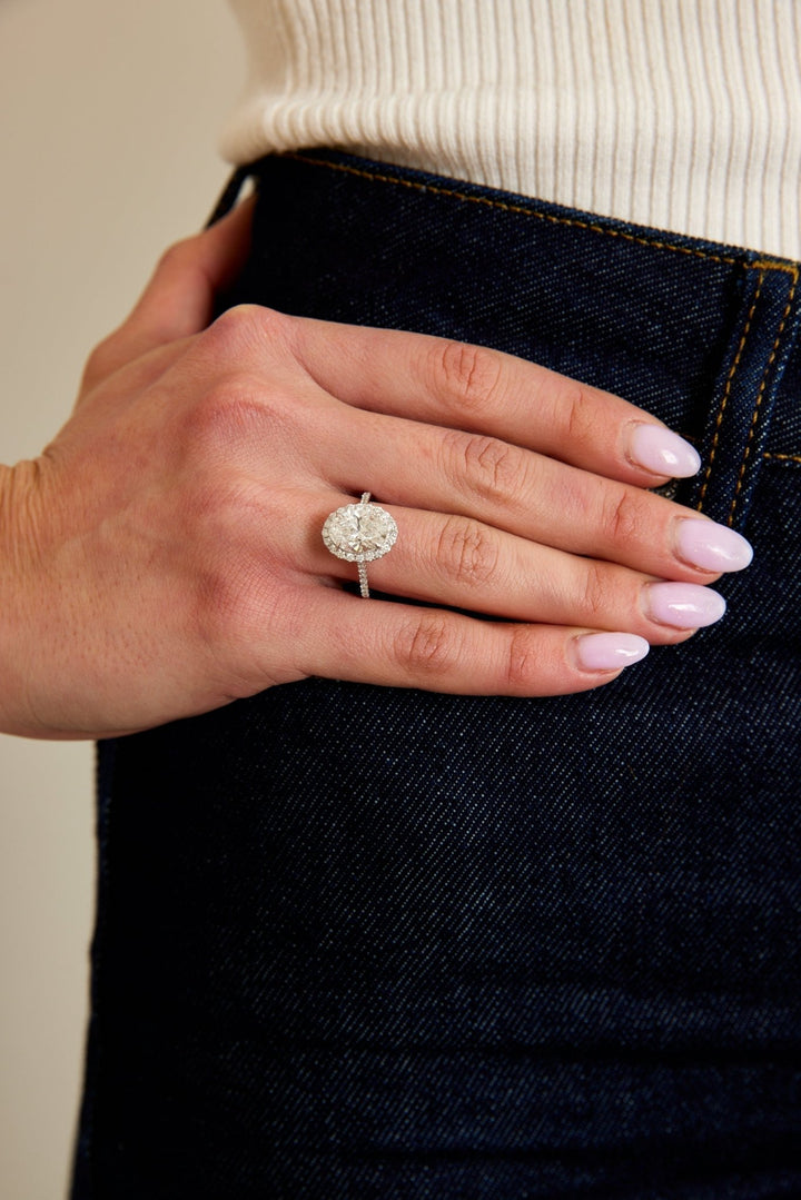 Oval pave lab grown diamond ring in jewelry gift box