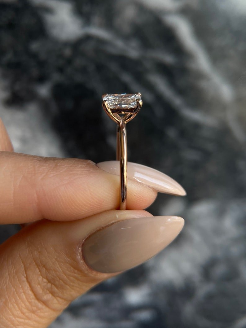 Top-down view of radiant cut solitaire engagement ring