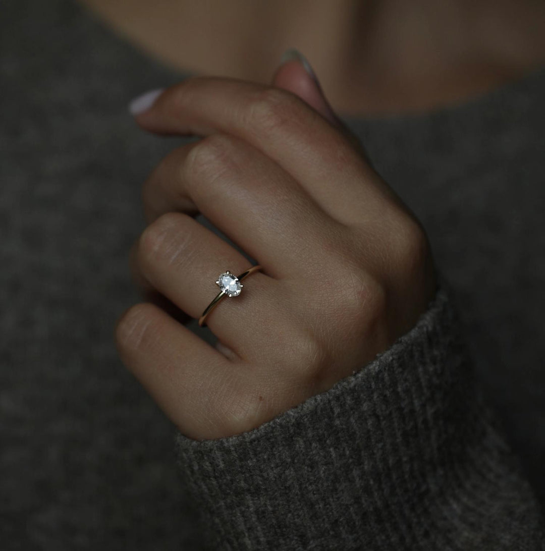 Oval solitaire engagement ring close-up highlighting diamond sparkle