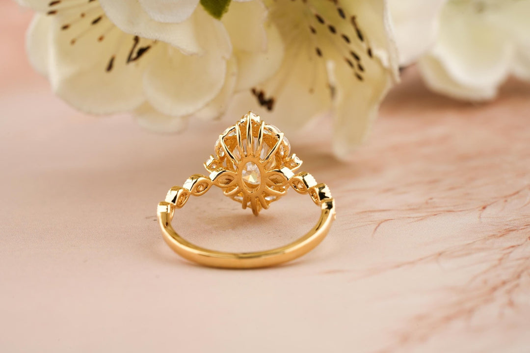 Oval vintage engagement ring close-up showing high clarity diamond clarity