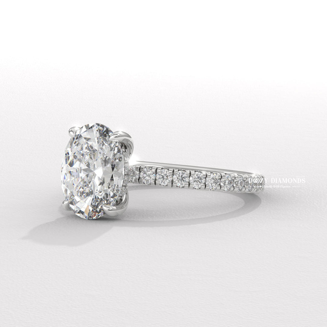 Oval hidden halo lab grown diamond ring in jewelry gift box