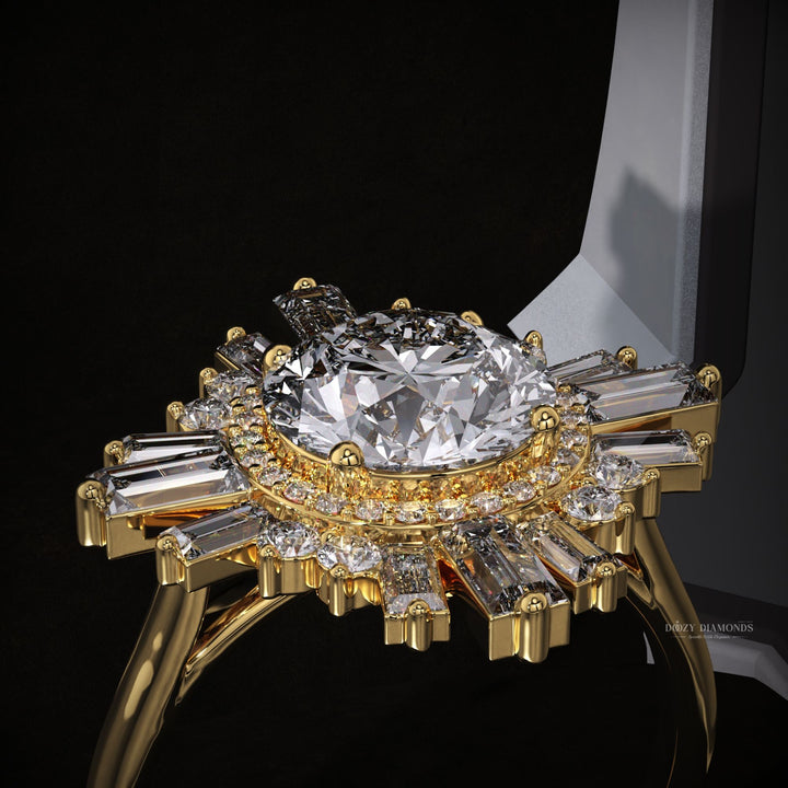 Detailed close-up of oval cluster diamond engagement ring