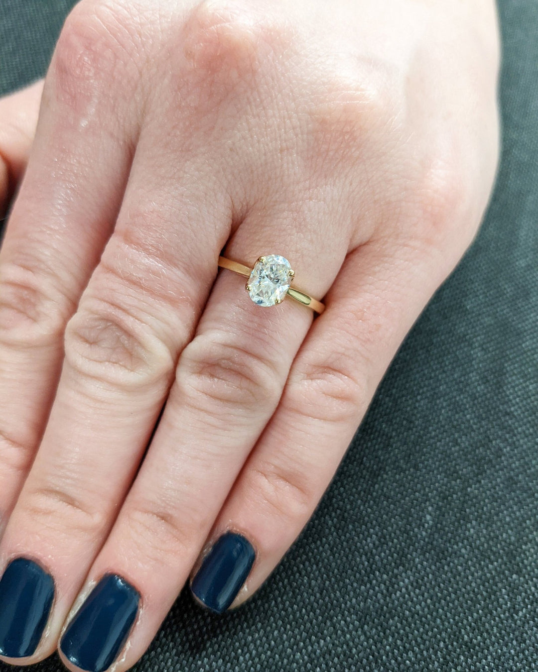 Oval solitaire engagement ring close-up highlighting diamond sparkle