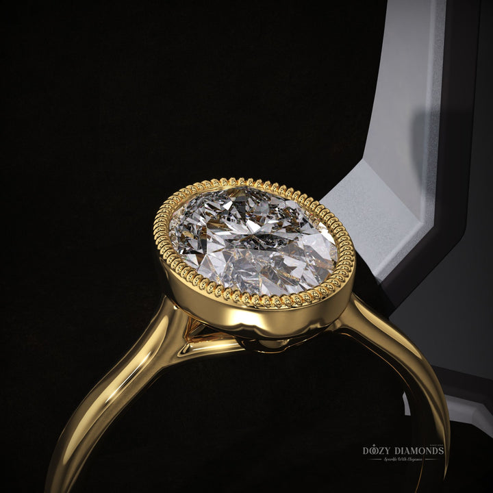 Oval cut bezel engagement ring with IGI certified center diamond