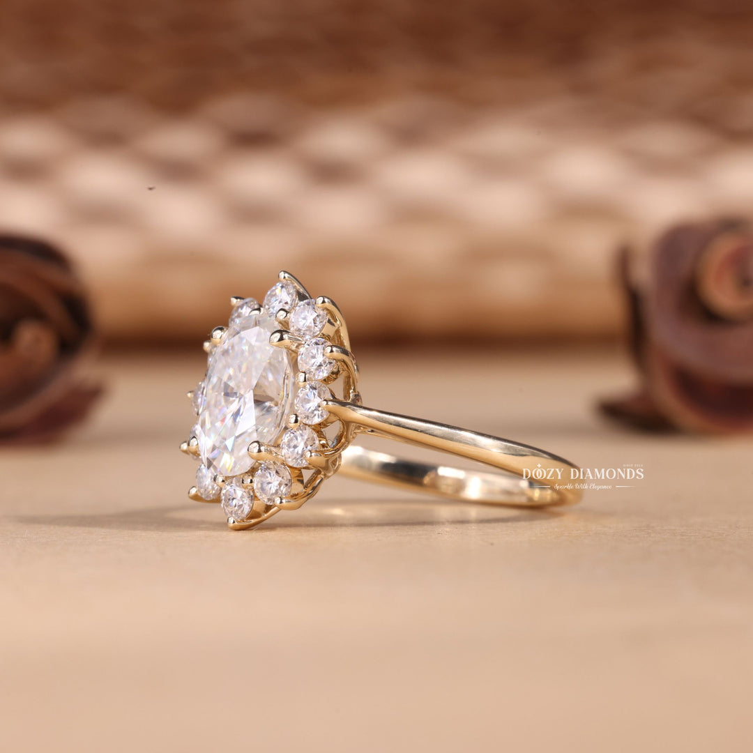 Certified oval cut diamond featured in halo engagement ring